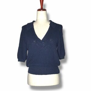 Anthropologie Navy Blue Nubby Knit Collared V-Neck Short Sleeve Sweater Size Med